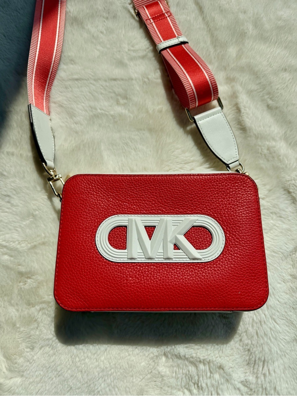 Michael Kors Red Pebbled Leather Crossbody with White MK Accent
